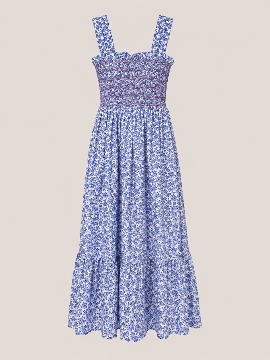Mille Garden Condesa Floral Smocked Maxi Dress Blue White Cotton Size S
